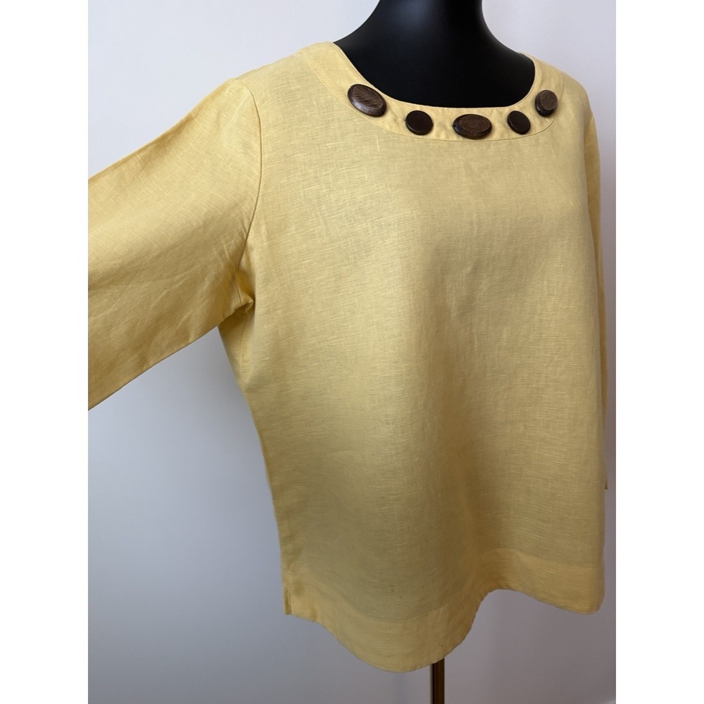 Hot Cotton Women's L Yellow Linen Blouse With Wooden Accents At Neckline NWOT - Picture 4 of 7